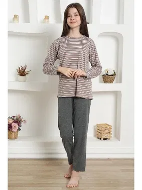 Akbeniz Çizgili Kız Çocuk Penye Pijama Takım Akbeniz 20424