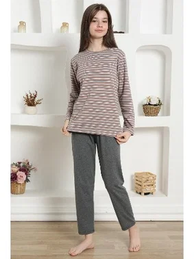 Akbeniz Çizgili Kız Çocuk Penye Pijama Takım Akbeniz 20424 - Alternatif Görünüm