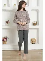 Çizgili Kız Çocuk Penye Pijama Takım Akbeniz 20424 Füme görsel 4