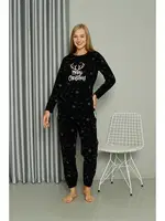 Merry Christmas Welsoft Polar Kadın Pijama Takımı Akbeniz 8514 Siyah
