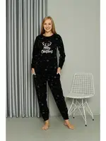 Merry Christmas Welsoft Polar Kadın Pijama Takımı Akbeniz 8514 Siyah detay görünüm
