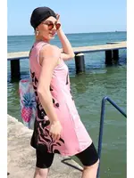 Taytlı Sıfır Kol Desenli Yarım Tesettür Mayo 33008 Mor görsel 4