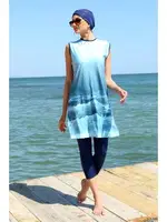 Desenli Sıfır Kollu Yarım Tesettür Mayo Akbeniz 33009 Mavi görsel 4