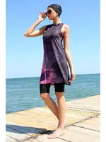 Sıfır Kollu Taytlı Desenli Yarım Tesettür Mayo 33011 Mor detay görünüm