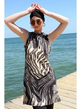 Akbeniz Leopar Sıfır Kollu Yarım Tesettür Mayo Akbeniz 33010 - Alternatif Görünüm