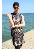 Leopar Sıfır Kollu Yarım Tesettür Mayo Akbeniz 33010 Siyah farklı açı