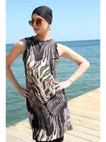 Leopar Sıfır Kollu Yarım Tesettür Mayo Akbeniz 33010 Siyah görsel 4