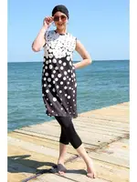 Puantiyeli Sıfır Kollu Yarım Tesettür Mayo Akbeniz 33012 Siyah Beyaz Puantiye