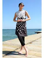 Puantiyeli Sıfır Kollu Yarım Tesettür Mayo Akbeniz 33012 Siyah Beyaz Puantiye görsel 4