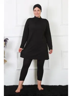 Akbeniz Tam Tesettür Büyük Beden Siyah Kadın Mayo Akbeniz 32026