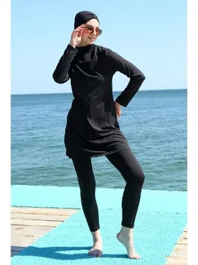 Akbeniz Uzun Kollu Likralı Siyah Tesettür Kadın Mayo 31055