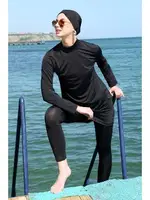 Uzun Kollu Likralı Siyah Tesettür Kadın Mayo 31055 Siyah detay görünüm