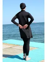 Uzun Kollu Likralı Siyah Tesettür Kadın Mayo 31055 Siyah görsel 4