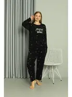 Uzun Kollu Welsoft Polar Büyük Beden Çiçekli Kadın Pijama Takımı Akbeniz 808043 Siyah