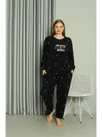 Uzun Kollu Welsoft Polar Büyük Beden Çiçekli Kadın Pijama Takımı Akbeniz 808043 Siyah detay görünüm