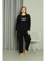 Uzun Kollu Welsoft Polar Büyük Beden Çiçekli Kadın Pijama Takımı Akbeniz 808043 Siyah görsel 4