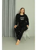 Uzun Kollu Welsoft Polar Büyük Beden Çiçekli Kadın Pijama Takımı Akbeniz 808043 Siyah görsel 5