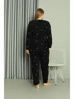 Uzun Kollu Welsoft Polar Büyük Beden Çiçekli Kadın Pijama Takımı Akbeniz 808043 Siyah görsel 6