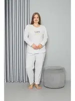 Büyük Beden Uzun Kollu Kadın Pijama Takımı Akbeniz Welsoft Polar 808050 Ekru