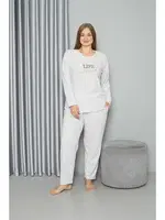 Büyük Beden Uzun Kollu Kadın Pijama Takımı Akbeniz Welsoft Polar 808050 Ekru detay görünüm