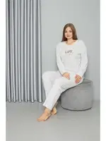 Büyük Beden Uzun Kollu Kadın Pijama Takımı Akbeniz Welsoft Polar 808050 Ekru görsel 4