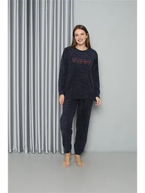 Akbeniz Uzun Kollu Önü Yazılı Welsoft Polar Kadın Pijama Takımı Akbeniz 8517