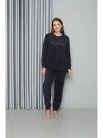 Uzun Kollu Önü Yazılı Welsoft Polar Kadın Pijama Takımı Akbeniz 8517 Lacivert