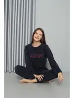 Uzun Kollu Önü Yazılı Welsoft Polar Kadın Pijama Takımı Akbeniz 8517 Lacivert görsel 4