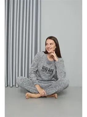 Akbeniz Gri Cepli Welsoft Polar Kadın Pijama Takımı Akbeniz 8518