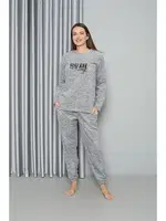 Gri Cepli Welsoft Polar Kadın Pijama Takımı Akbeniz 8518 Gri detay görünüm