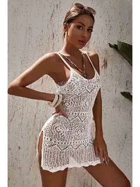 Angelsin Angelsin Örme Pamuk Özel Tasarım Pareo Plaj Elbisesi Kimono Kaftan Beyaz