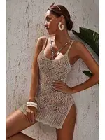 Örme Pamuk Özel Tasarım Pareo Plaj Elbisesi Kimono Kaftan Krem Angelsin MS4414 Krem