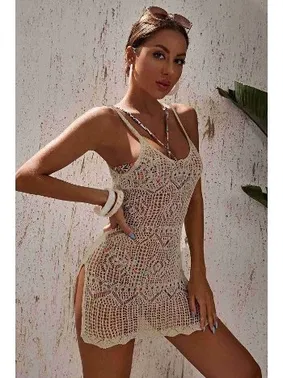 Angelsin Örme Pamuk Özel Tasarım Pareo Plaj Elbisesi Kimono Kaftan Krem Angelsin MS4414 - Alternatif Görünüm