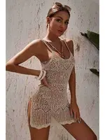 Örme Pamuk Özel Tasarım Pareo Plaj Elbisesi Kimono Kaftan Krem Angelsin MS4414 Krem detay görünüm