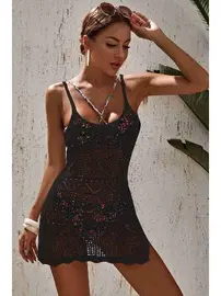 Angelsin Angelsin Örme Pamuk Özel Tasarım Pareo Plaj Elbisesi Kimono Kaftan Siyah