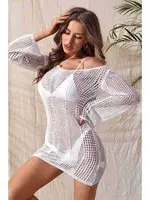 Angelsin Örme Pamuk Uzun Kollu Pareo Plaj Elbisesi Kimono Kaftan Beyaz Beyaz farklı açı