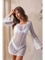 Angelsin Örme Pamuk Uzun Kollu Pareo Plaj Elbisesi Kimono Kaftan Beyaz Beyaz görsel 4