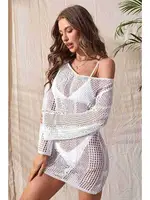 Angelsin Örme Pamuk Uzun Kollu Pareo Plaj Elbisesi Kimono Kaftan Beyaz Beyaz görsel 5