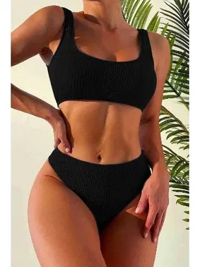 Angelsin Angelsin Özel Fitilli Kumaş Tankini Bikini Üstü Siyah