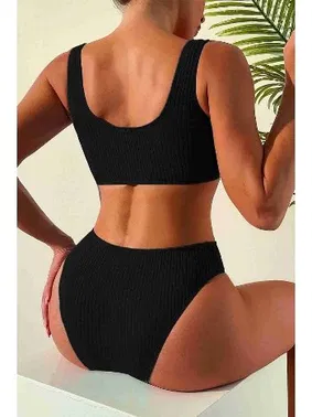 Angelsin Angelsin Özel Fitilli Kumaş Tankini Bikini Üstü Siyah - Alternatif Görünüm