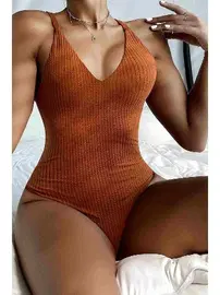 Angelsin Çapraz Sırt Dekolteli V Yaka Mayo Mayokini Kahverengi MS4324