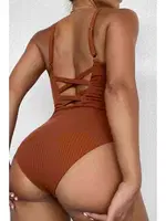 Çapraz Sırt Dekolteli V Yaka Mayo Mayokini Kahverengi MS4324 Kahverengi detay görünüm