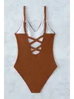 Çapraz Sırt Dekolteli V Yaka Mayo Mayokini Kahverengi MS4324 Kahverengi görsel 4