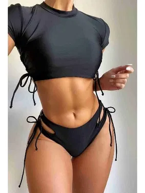 Angelsin Kısa Kollu Özel Tasarım Kaplı Bikini Takım Siyah Angelsin 4179