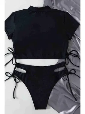 Angelsin Kısa Kollu Özel Tasarım Kaplı Bikini Takım Siyah Angelsin 4179 - Alternatif Görünüm