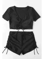 Angelsin Özel tasarım Yarım Kol Büzgü Detaylı Bikini Takım Siyah Siyah detay görünüm