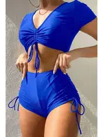 Yarım Kol Büzgülü Bikini Üstü Mavi Angelsin 43189 Mavi