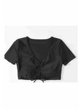 Angelsin Angelsin Özel tasarım Yarım Kol Büzgü Detaylı Bikini Üstü Siyah - Alternatif Görünüm