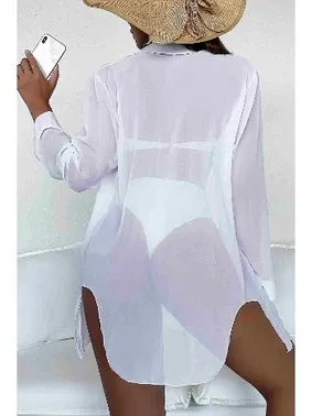 Angelsin Şifon Gömlek Plaj Elbisesi Pareo Kimono Beyaz Angelsin MS4357 - Alternatif Görünüm