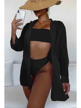 Angelsin Uzun Kollu Şifon Gömlek Plaj Elbisesi Pareo Siyah MS4357